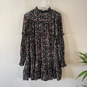 Lea & Viola Womens Small Prairie Dress Black Floral Cottagecore Boho Casual
